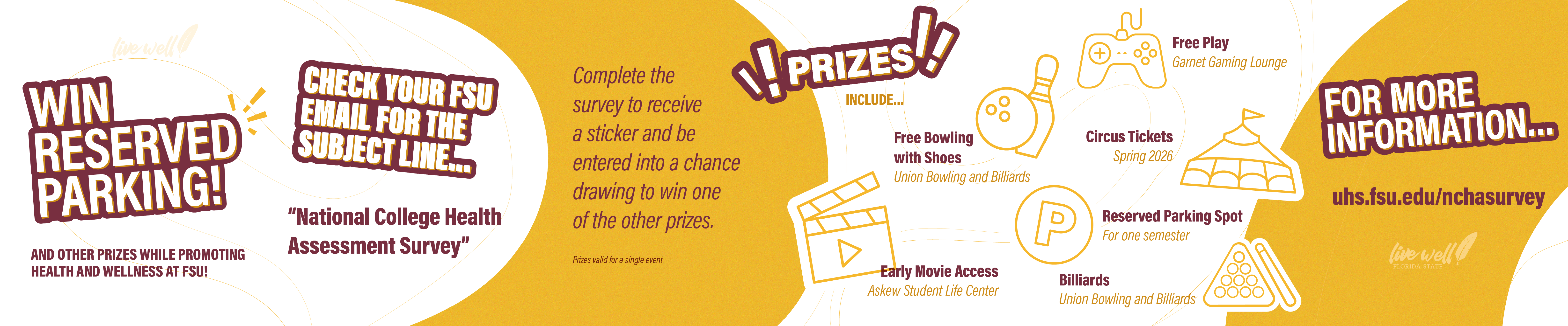 Banner with text: Surveys go out Jan 29 to Feb 1, Complete the Survey to recieve a sticker and be entered into winning one of the other prizes. Prices include, Four VIP tickets to Spring Circus Show, VIP seats to movie at Askew, VIP seats for a Club Down Under Show, Union bowling outing for four, Reserved parking spot for one semester.