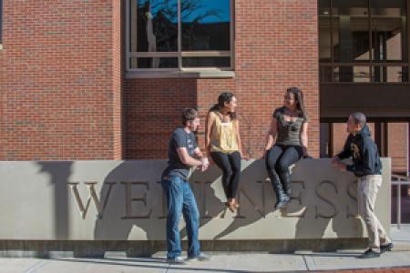 Photo of students hanging around the Wellness wall outside of UHS
