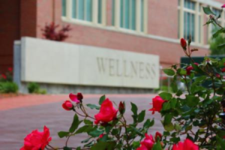 Photo of flowers and Wellness wall outside of UHS